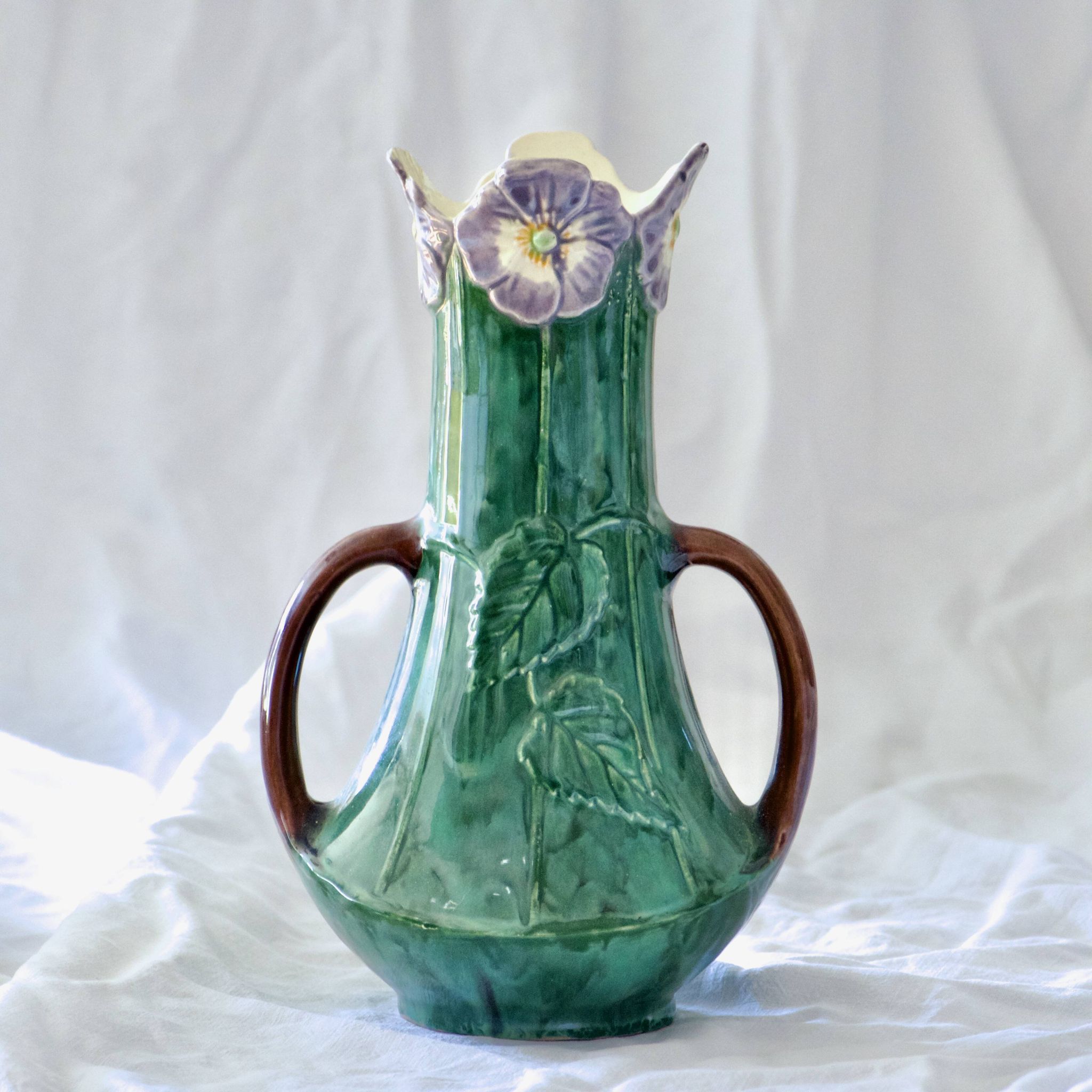 Antique 19th century Art Nouveau slip vase with pansy flowers