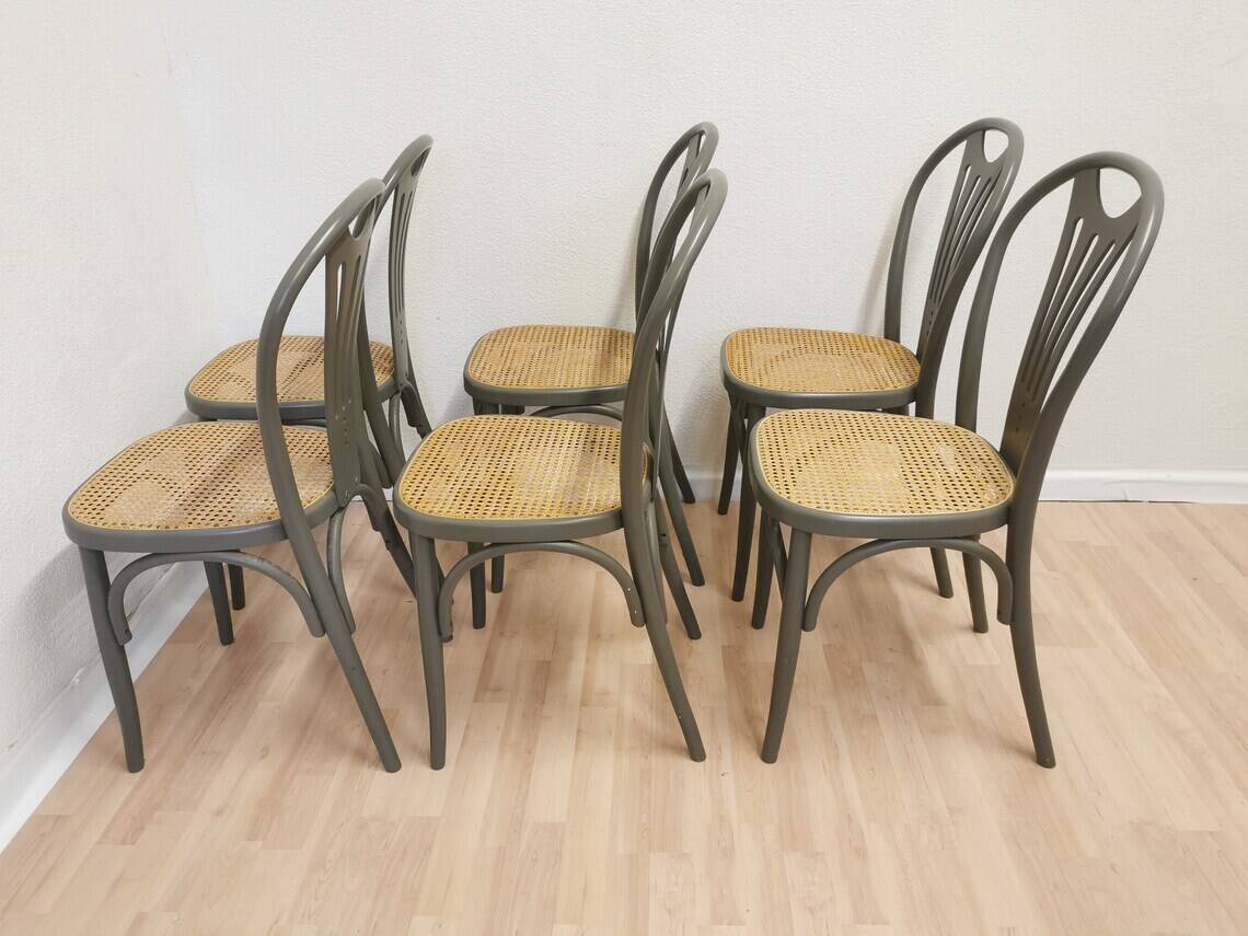 Set of 6 Vintage Gray Bentwood Dining Chair: Thonet Style Cane Seat