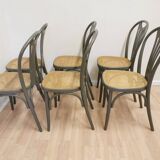 Lot de 6 chaises de salle à manger vintage en bois courbé gris : siège en rotin style Thonet