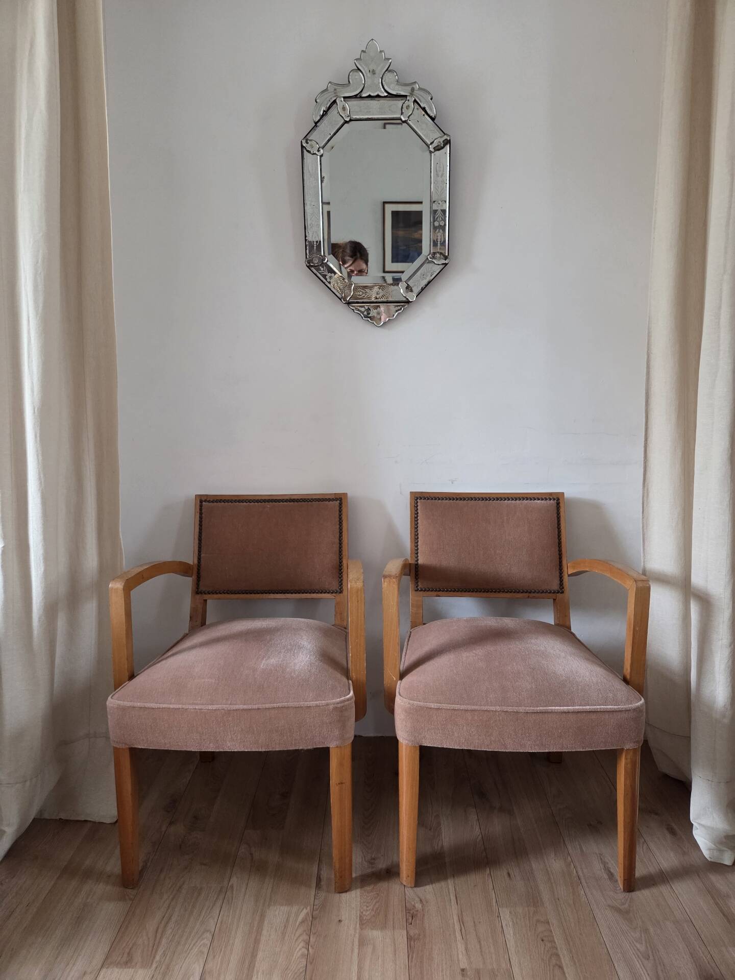 Pair of old rose bridge armchairs