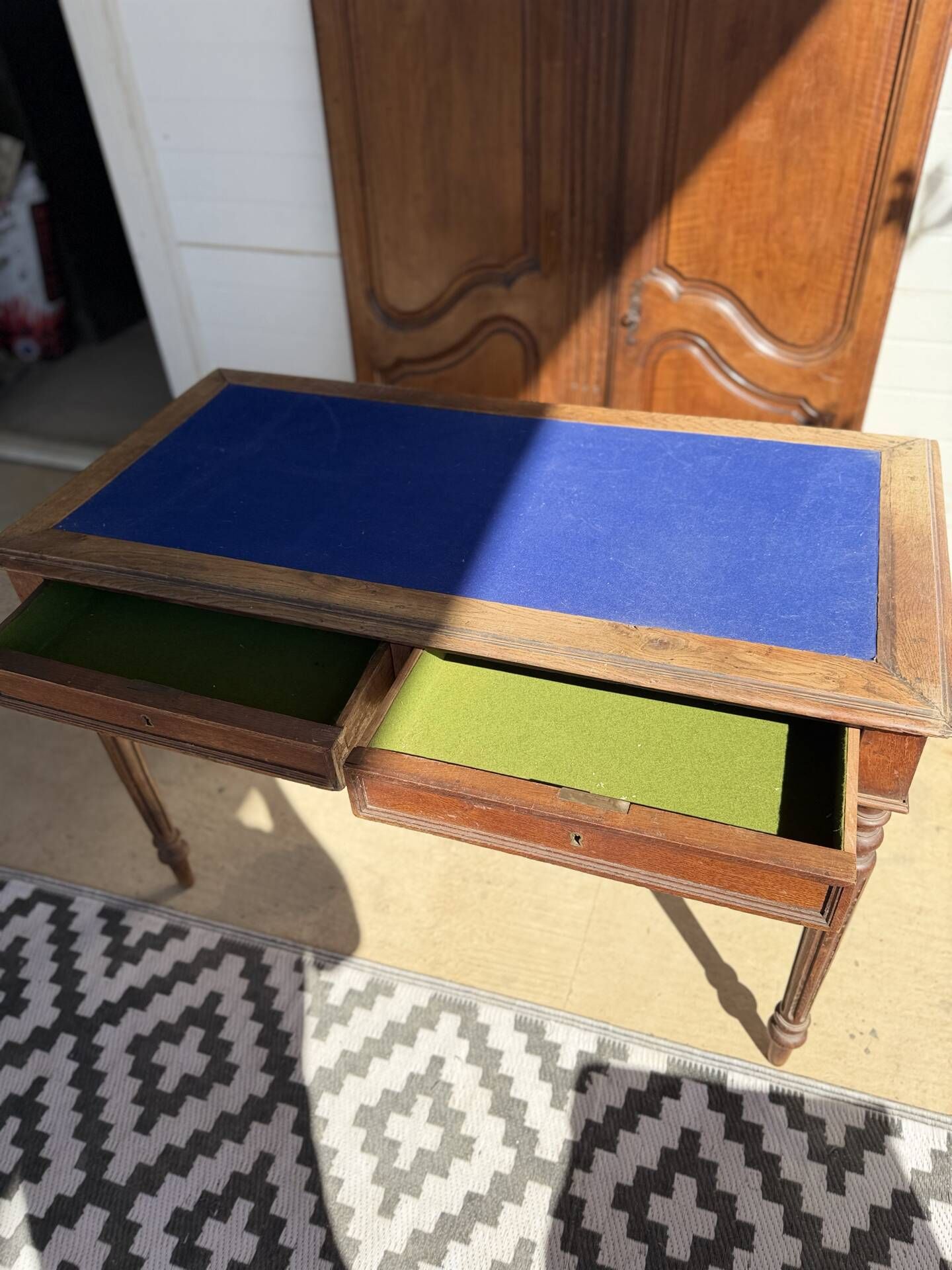Antique Louis XVI style desk - blue felt top