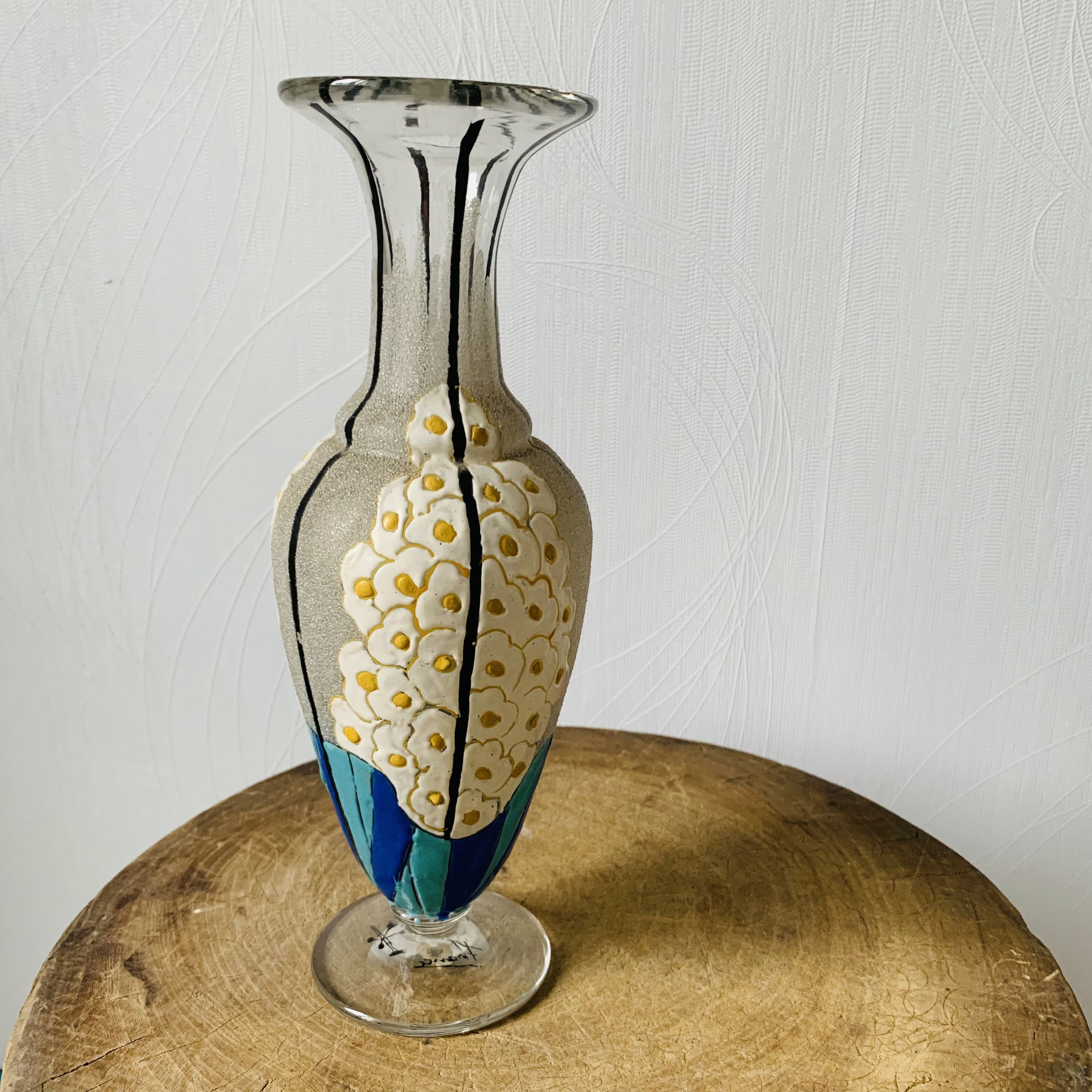Glass and enamel vase with art deco flower decoration signed Mazoyer