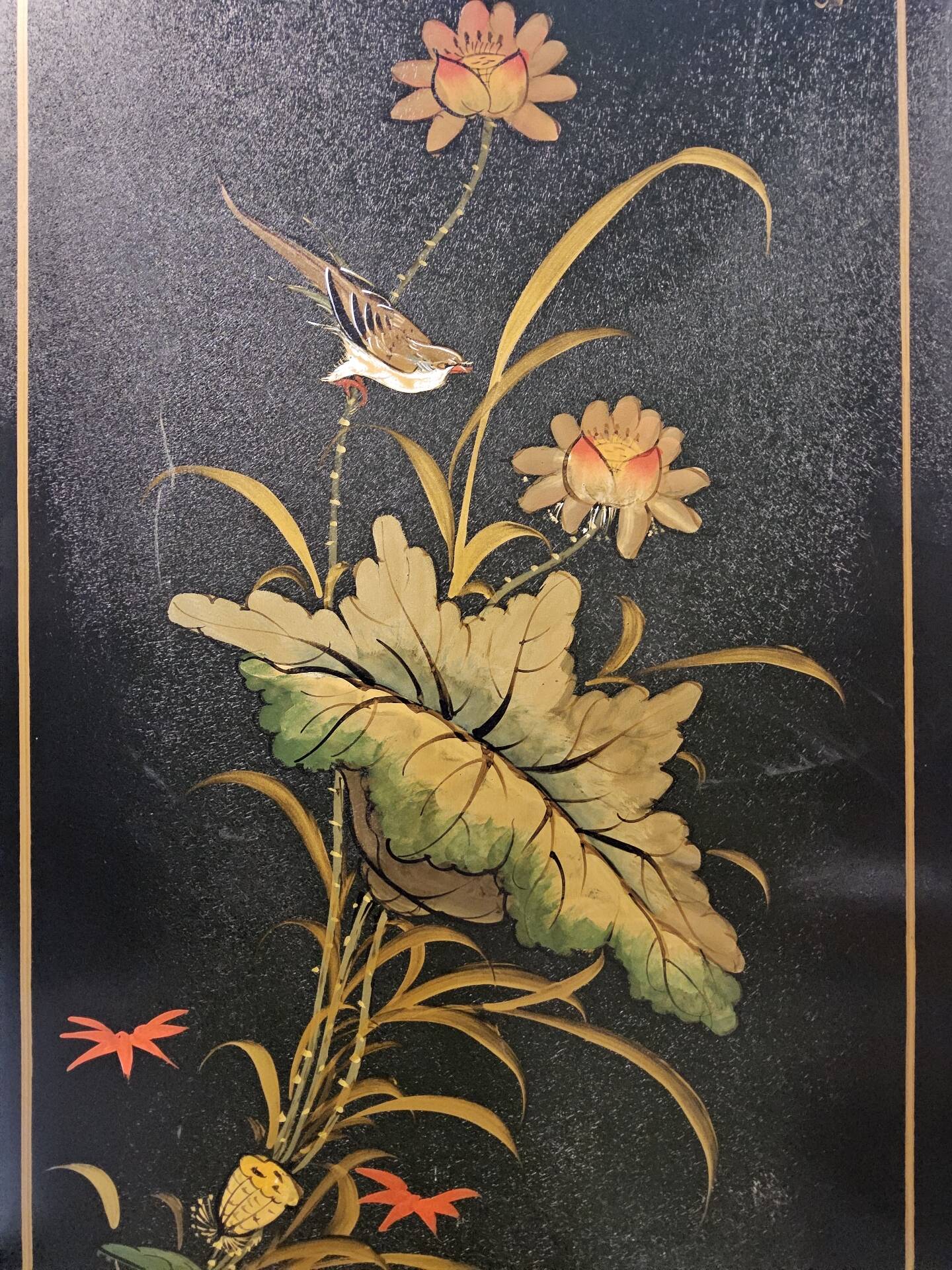 Vintage Chinese cabinet with gold leaf, flowers and peacock/ bohemian