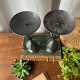Pair of wrought iron candlesticks, black patina