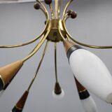 1960s Rupert Nikoll Brass and Teak Opaline Glass Chandelier, Austria