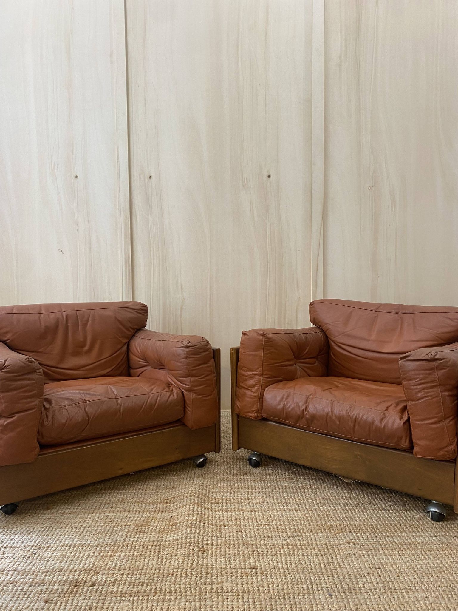 Pair of Cognac Leather Club Armchairs & Wood - Italian Design - 1970s