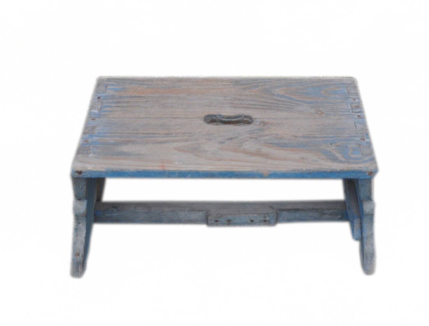 Rustic solid pine stool painted azure blue, low Hungarian farmhouse stool from the 1940s.