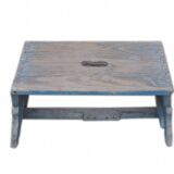 Rustic solid pine stool painted azure blue, low Hungarian farmhouse stool from the 1940s.