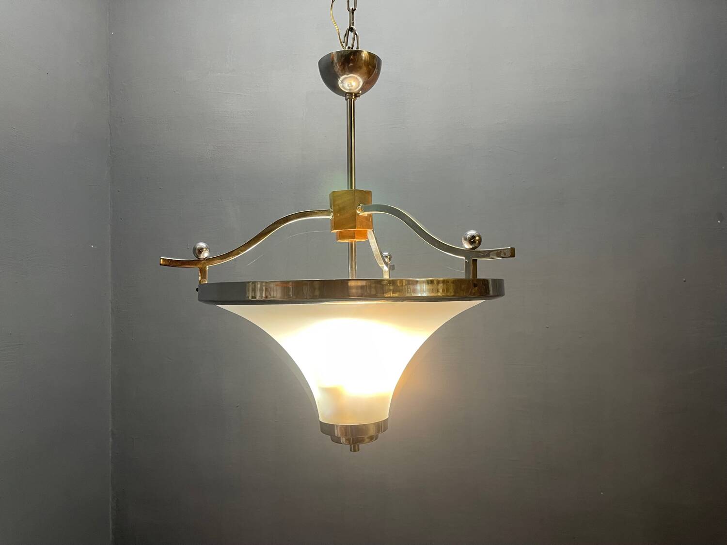 Art Deco Chrome and Murano Glass Pendant Light, Italy, 1950s