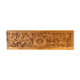 Bas relief African Art 20th century solid wood panel carved with Warriors