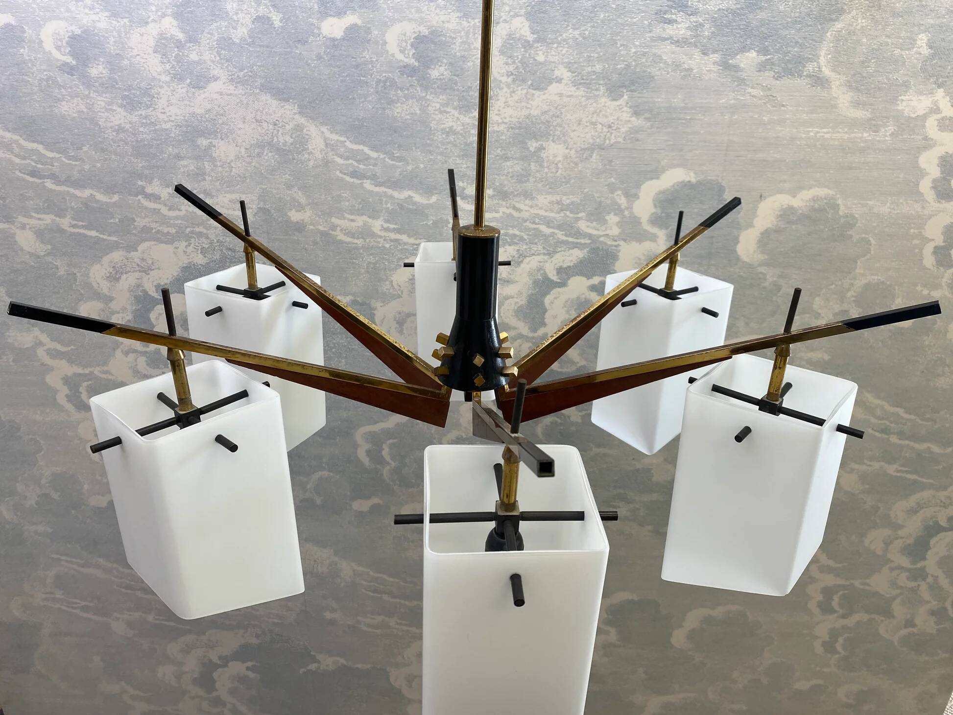 Six-armed chandelier with frosted glass lampshade, Stilux, Italy, 1960s.