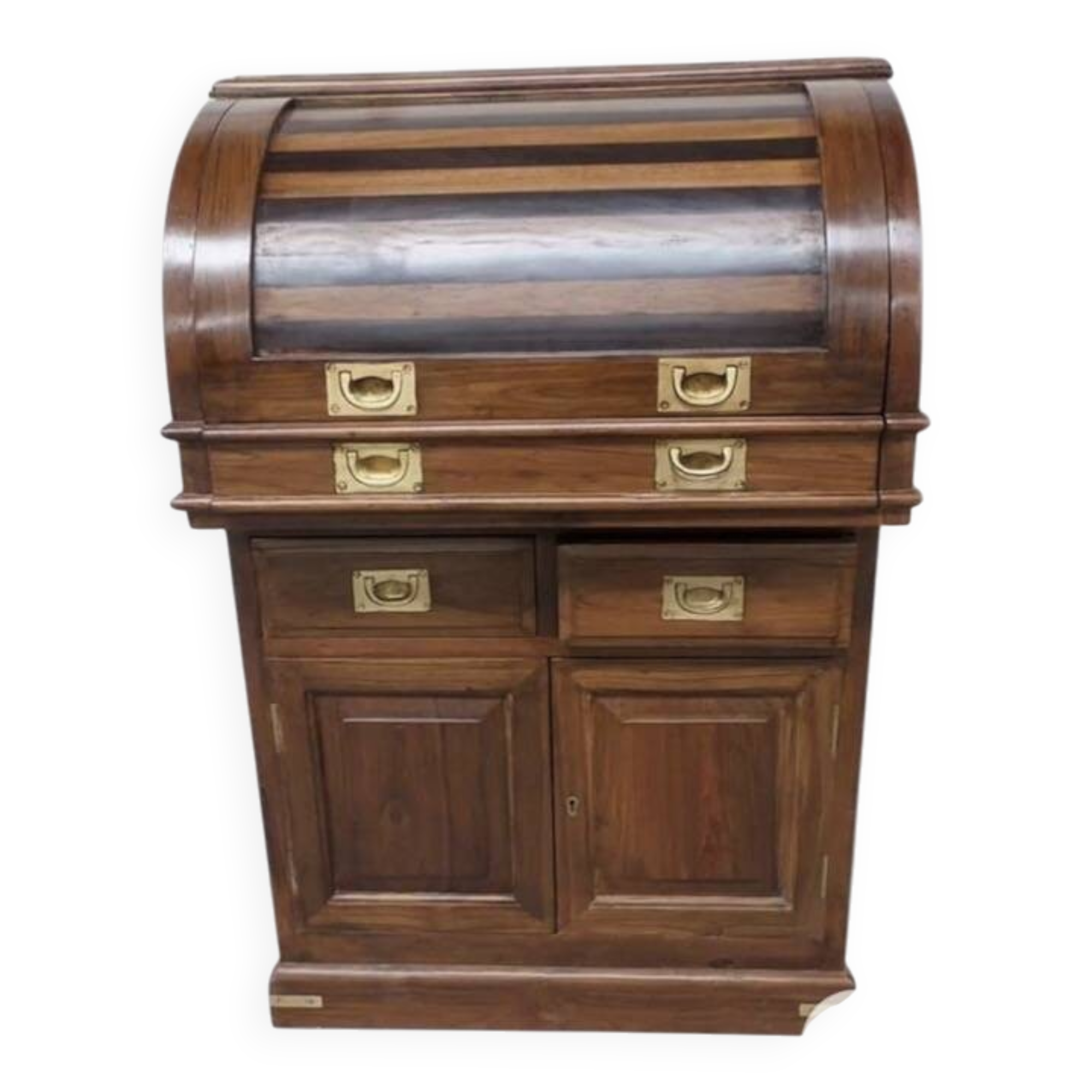 Antique solid wood secretary with a drop-down cylinder compartment.
