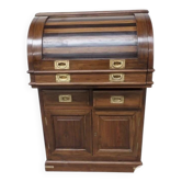 Antique solid wood secretary with a drop-down cylinder compartment.