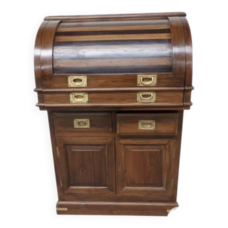 Antique solid wood secretary with a drop-down cylinder compartment.