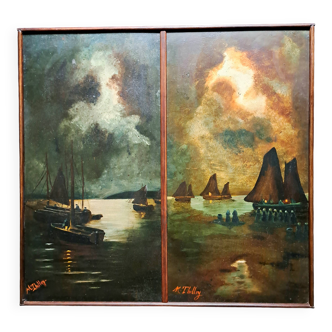 Tableau impressionniste, huile sur bois  XIXème siècle - Marine signée