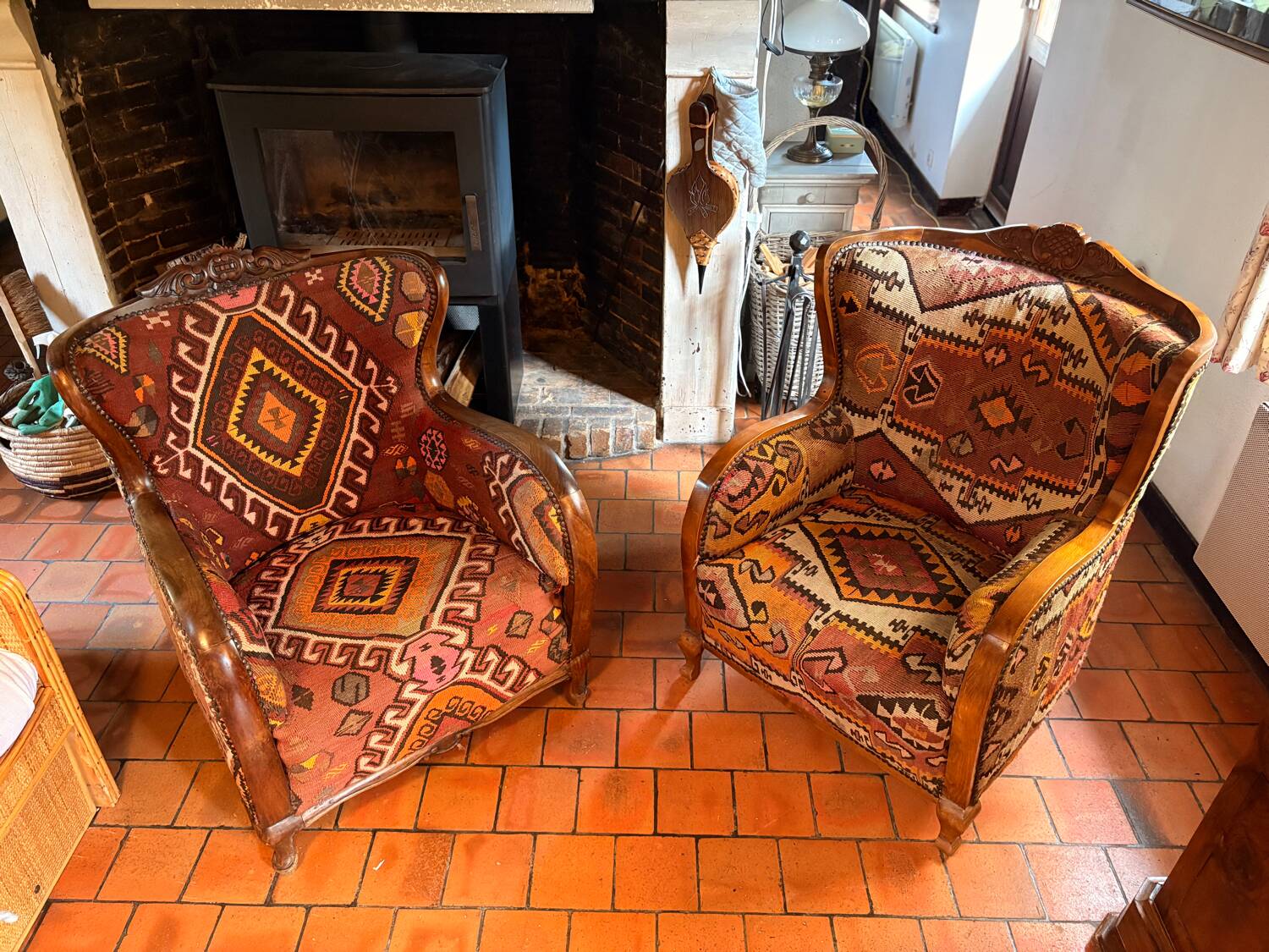Pair of Roche Bobois armchairs — limited edition in oriental kilim