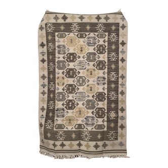 5 x 8 Wool-Cotton Handwoven Kilim Runner Rug, 150 x 240 cm Handmade, Kelim, Dhurry, Indian, Beige/Gr