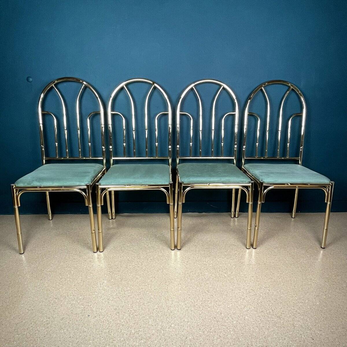 French vintage dining set in imitation bamboo brass with 4 chairs and table, 1970s, set of 5.