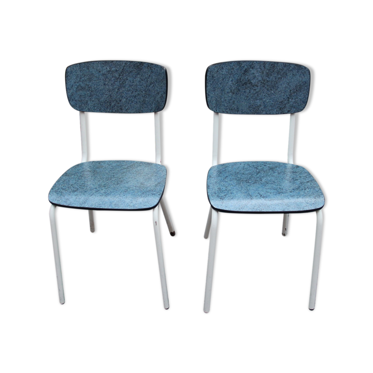 2 blue Formica cjaises, circa 1950