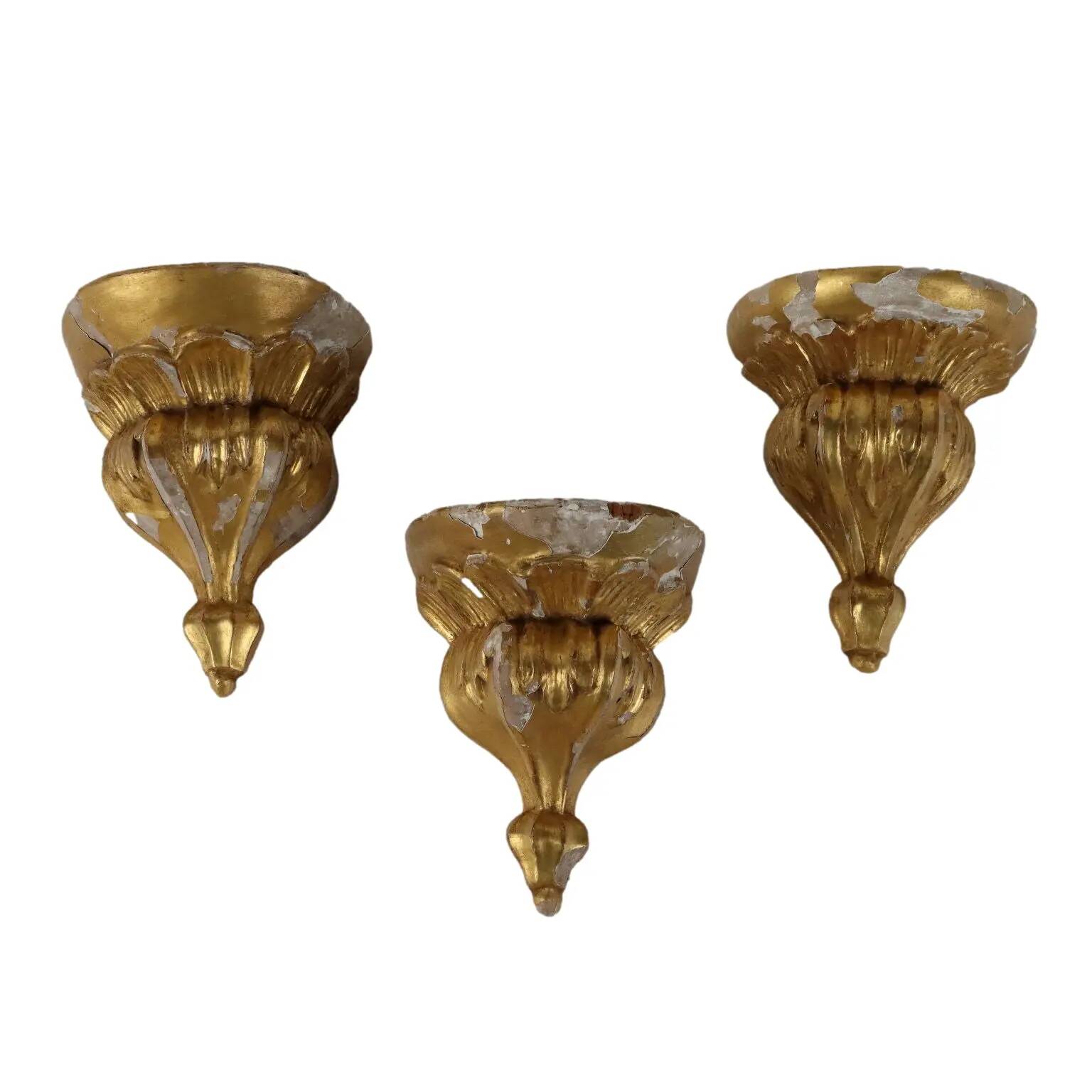 Group of 3 antique shelves "800" in carved wood and gold imitation marble.