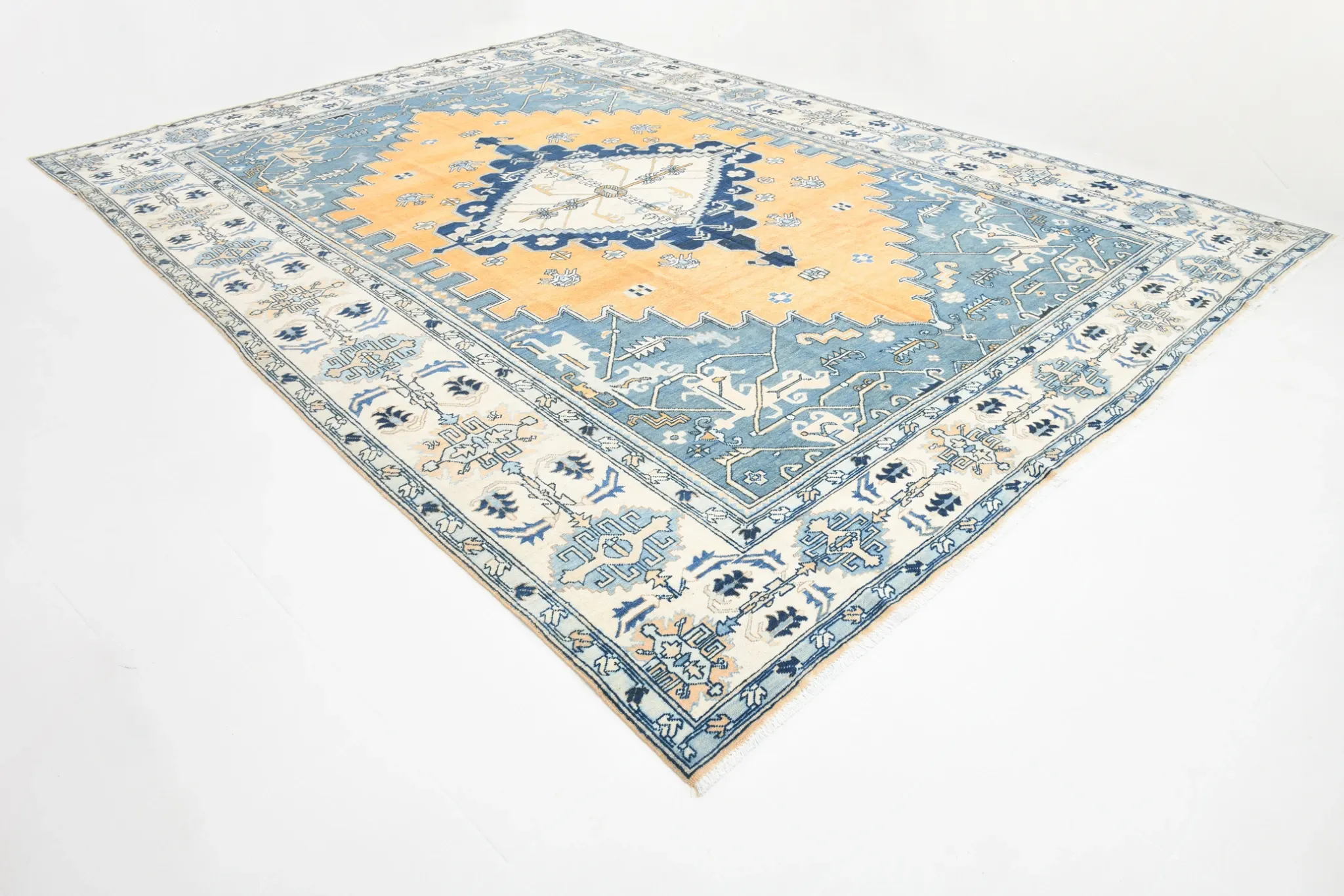 Vintage Large Blue & Peach Persian Rug, Handmade Wool Rustic Decor,348x495
