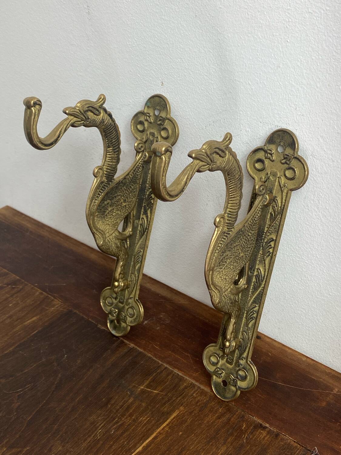 Antique wall hooks, dragon shape, in brass