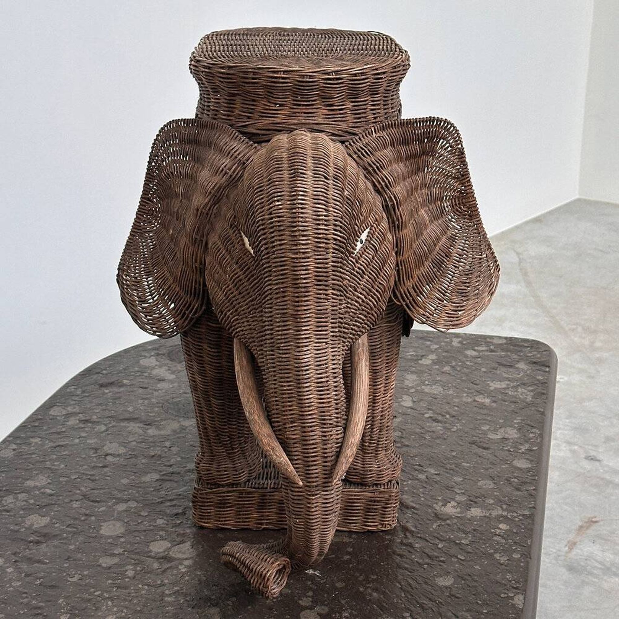 Large vintage wicker elephant plant stand / side table – sculptural bohemian statement