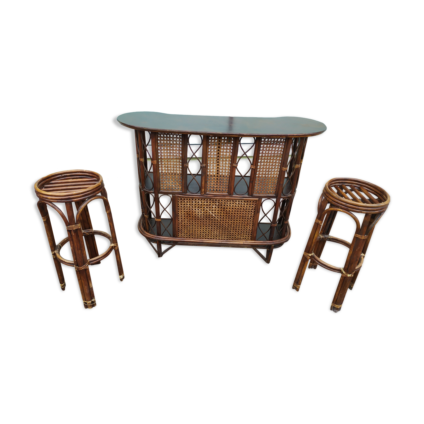 Set Bar + 2 rattan stool bamboo cannage