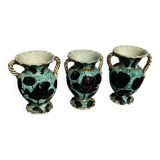 Trio of Vallauris vases in turquoise and black, highlighted with gold, 22 cm high