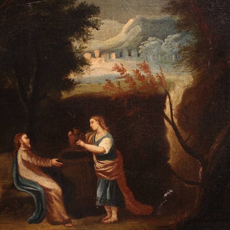 Antique Spanish painting of Jesus and the Samaritan woman at the well