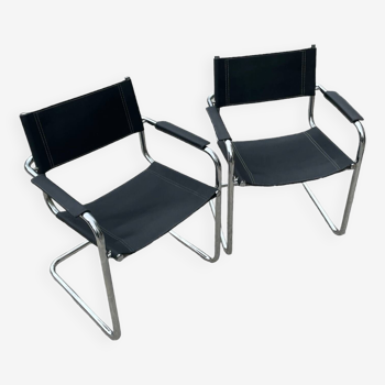 Pair of vintage chrome metal armchairs with black leather seat and back by Marcel Breuer, 1970s