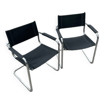 Pair of vintage chrome metal armchairs with black leather seat and back by Marcel Breuer, 1970s