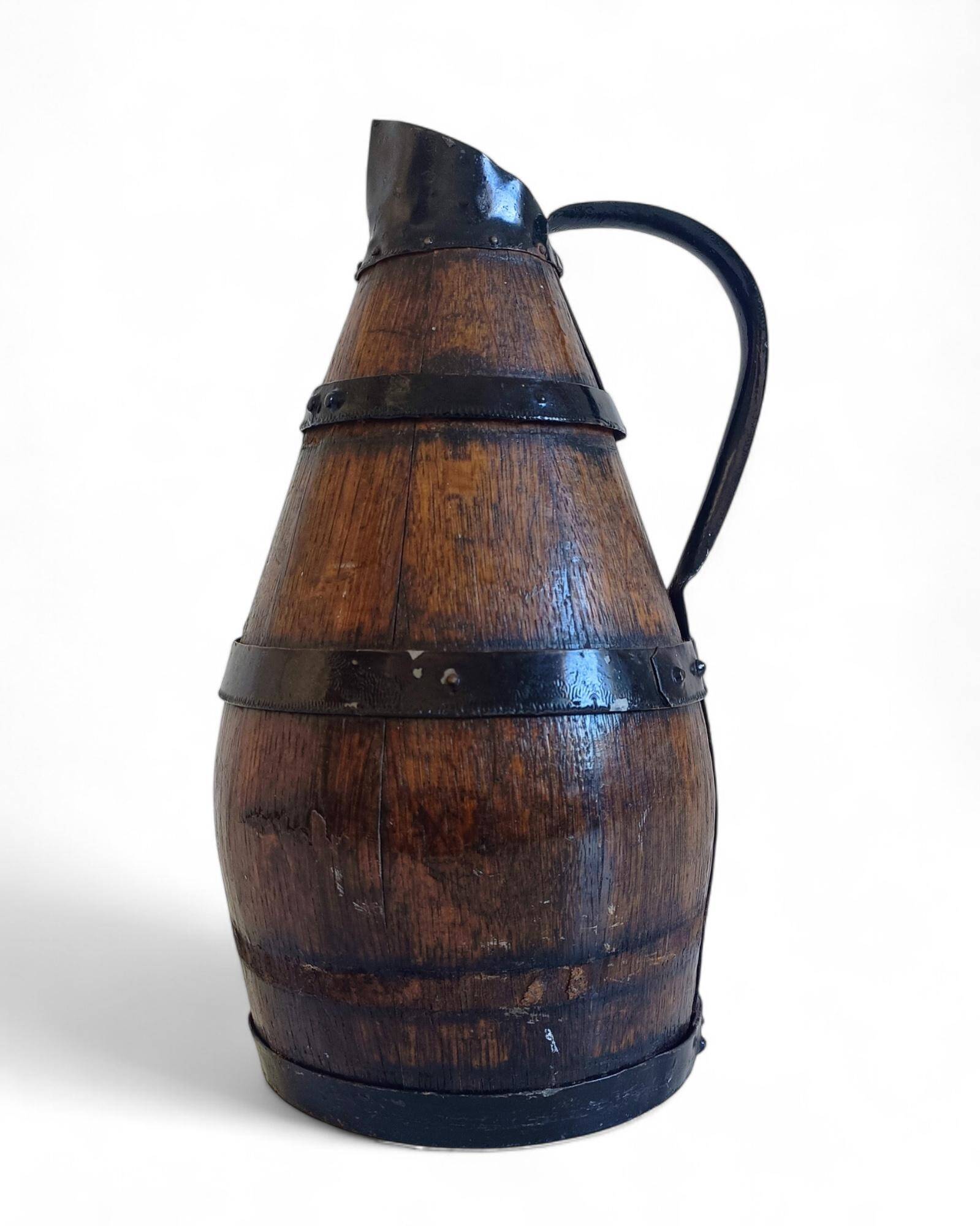 19th Century Rustic French Oak and Metal Hand-Crafted Pitcher