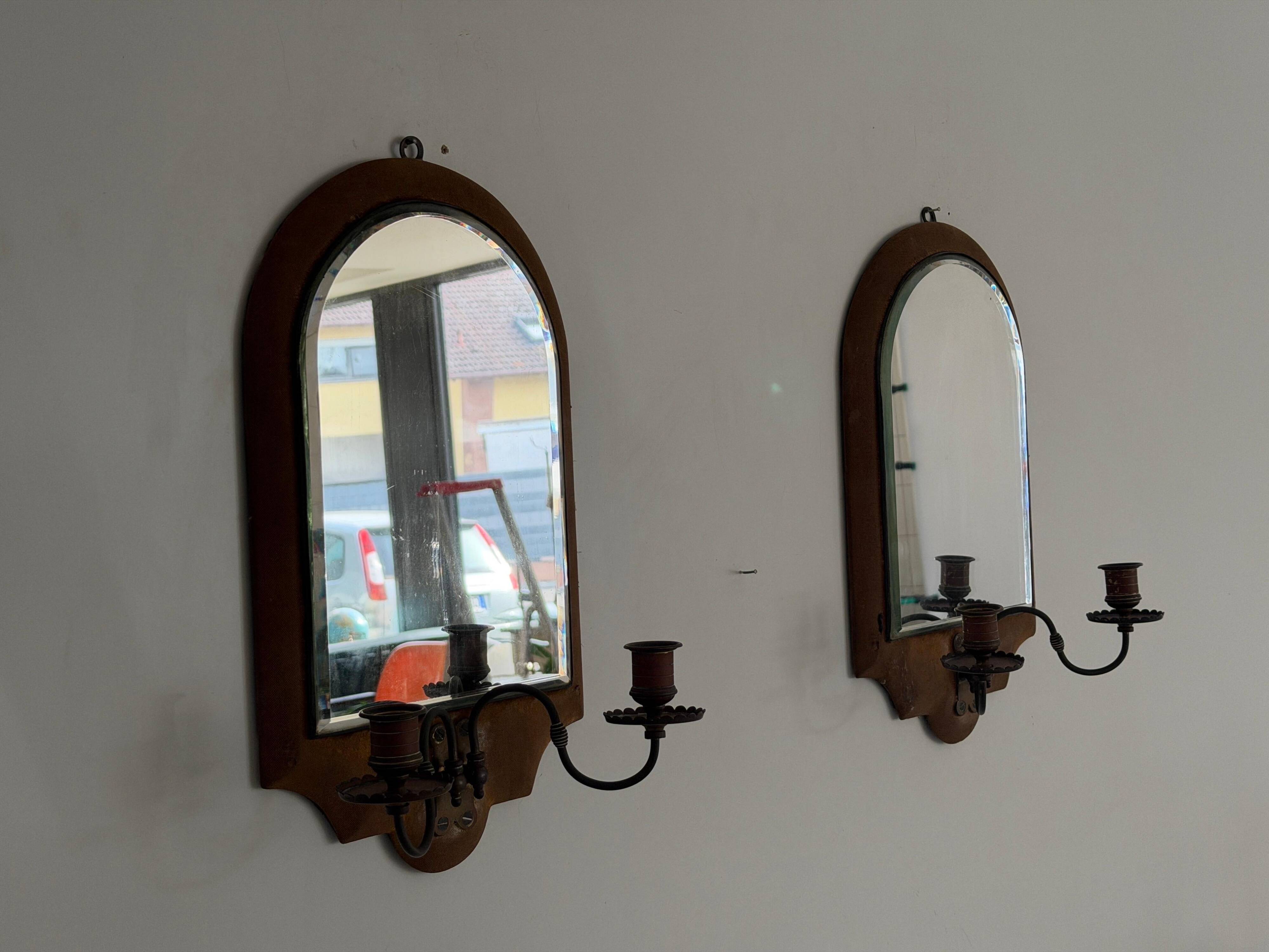 Pair of brass double-headed candlesticks with mirrors, 1940s, Italy