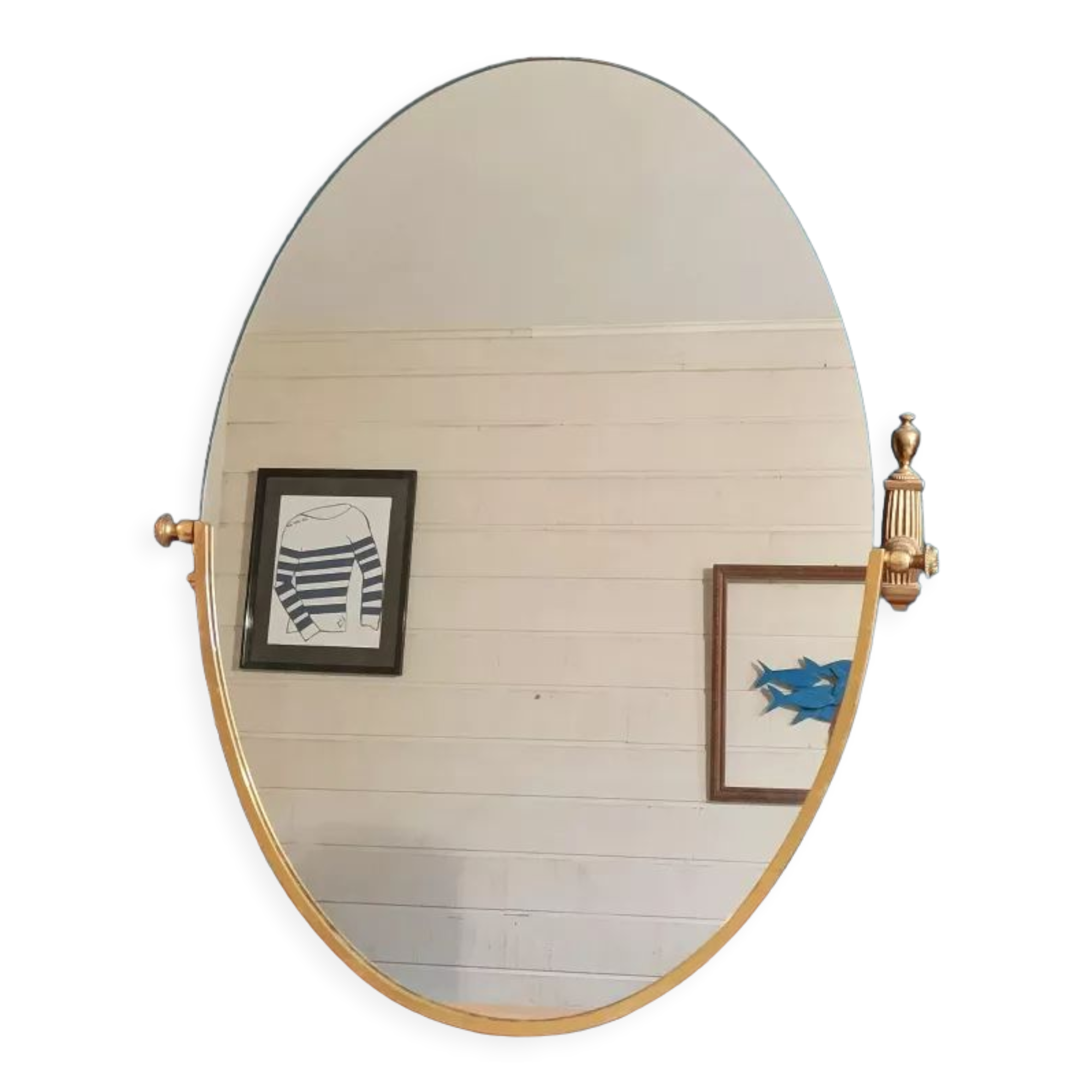 Oval mirror patinated brass frame art deco