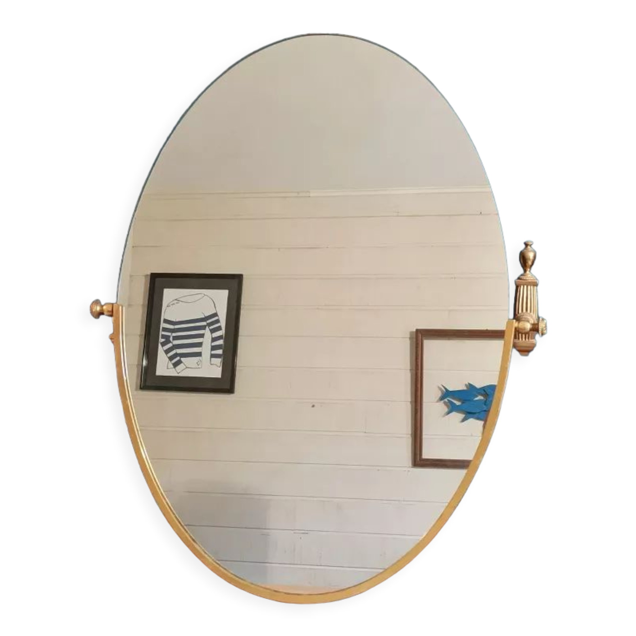 Oval mirror patinated brass frame art deco