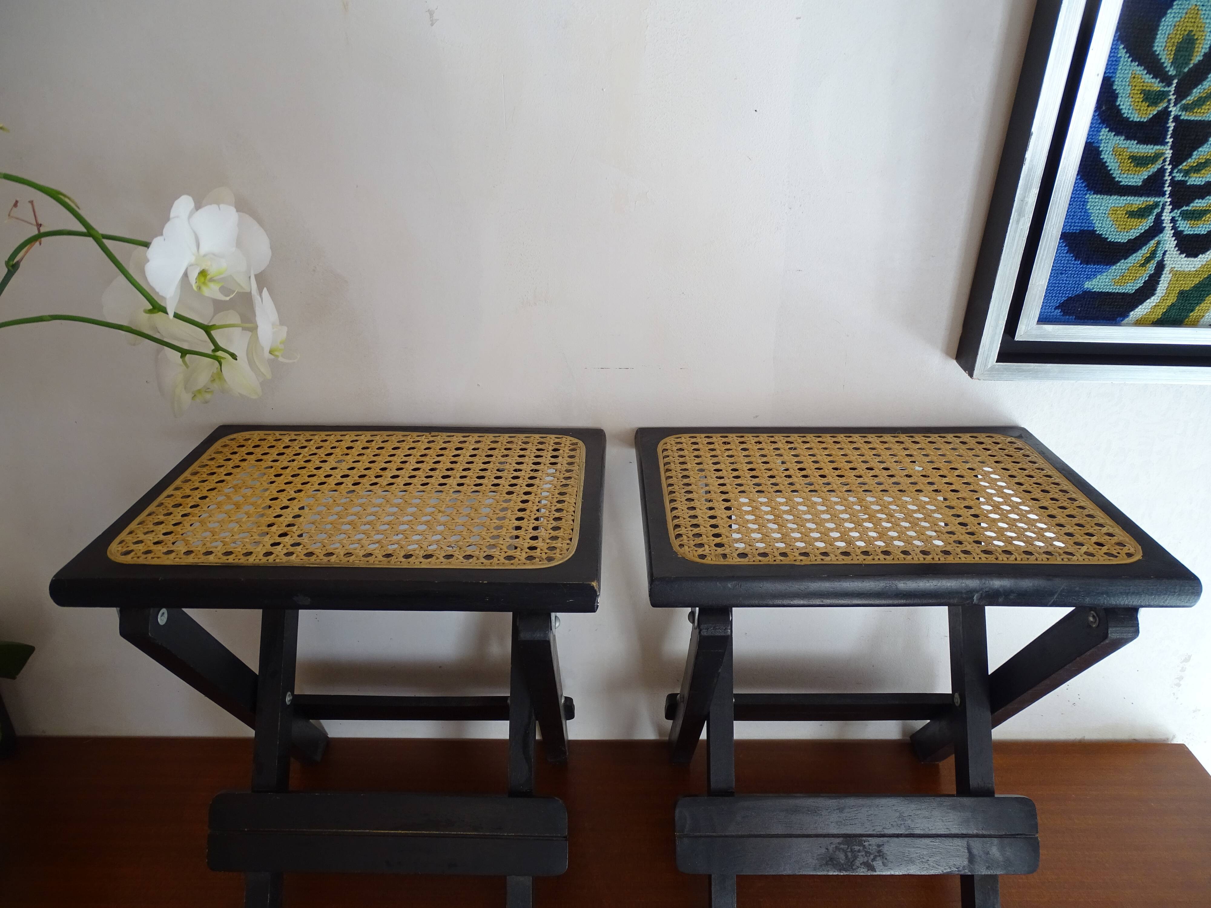 Pair of folding stools wood and wicker