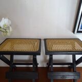 Pair of folding stools wood and wicker