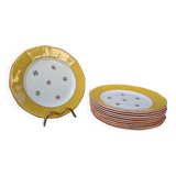 Set of 10 dessert plates with yellow border and floral decoration Sarreguemines