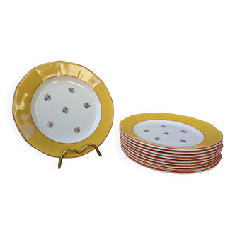 Set of 10 dessert plates with yellow border and floral decoration Sarreguemines