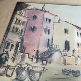 Aquarelle,  tableau vintage encadré, signé