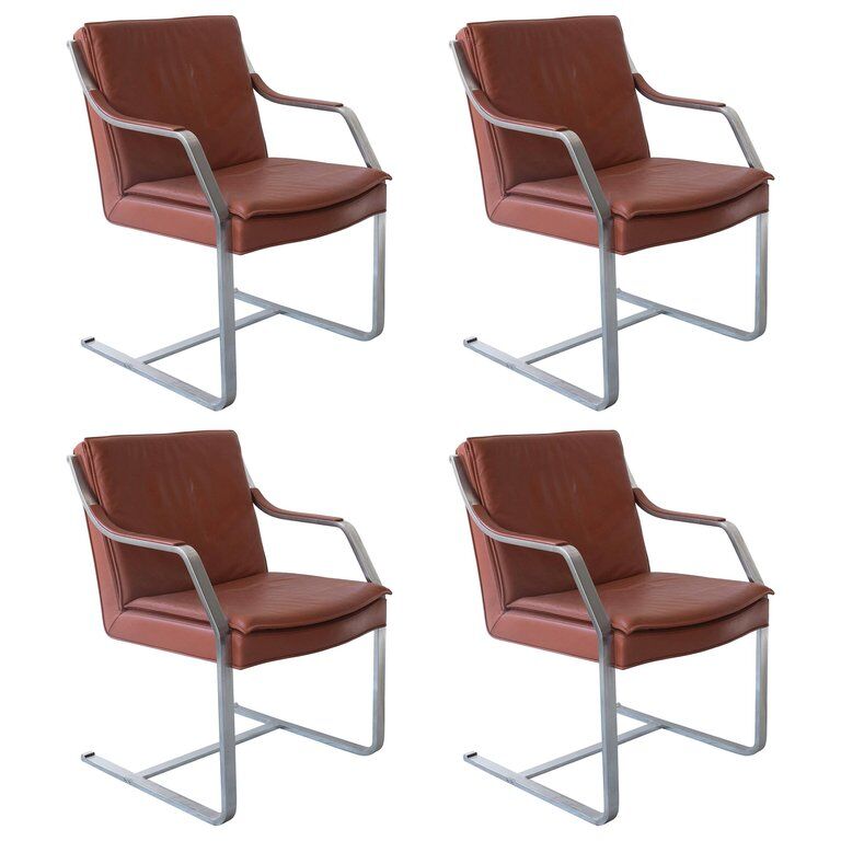 Set of four camel/brown leather armchairs designed by Walter Knoll, 1970s