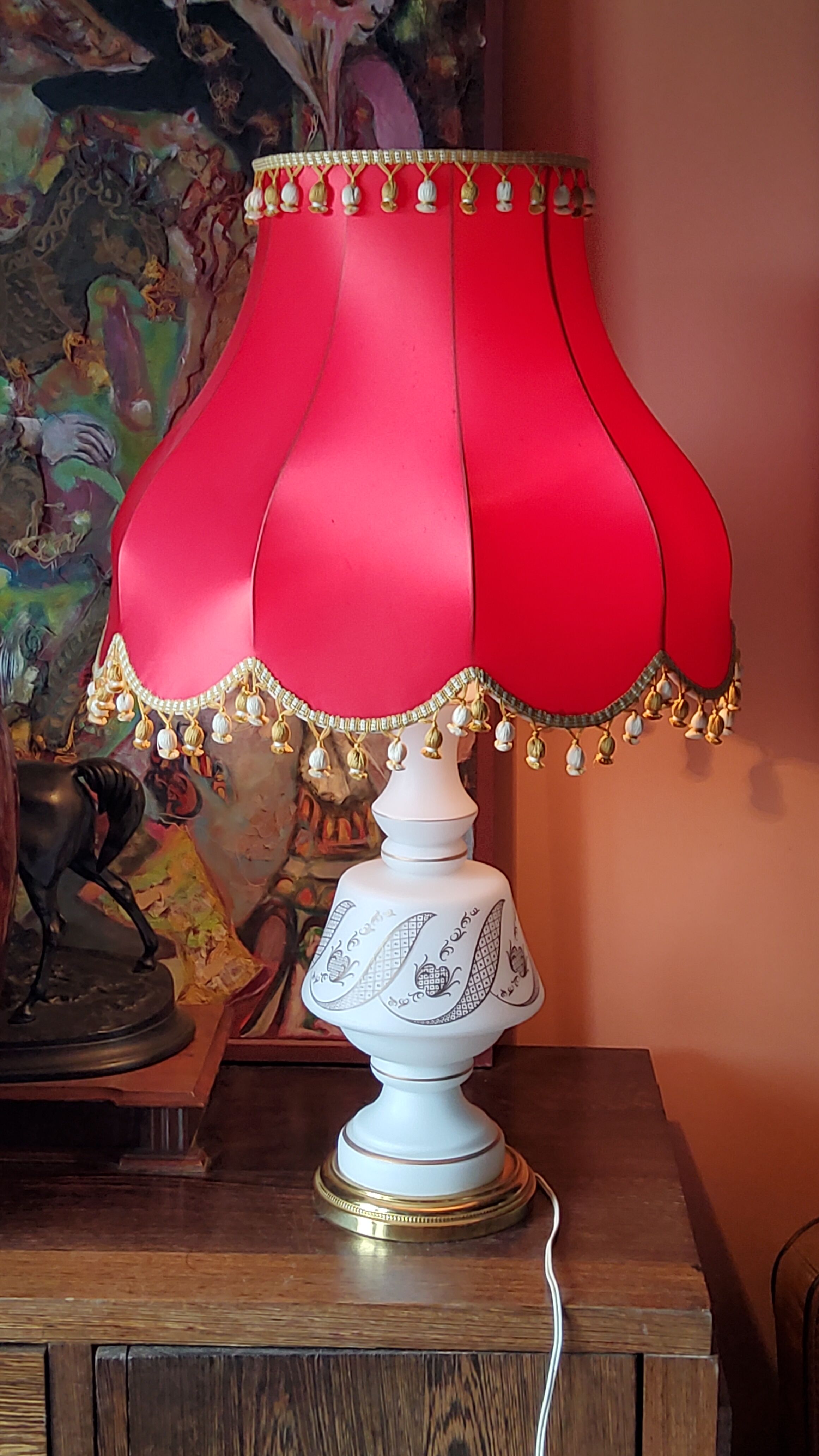 Vintage lamp of the 50s in white and golden opaline glass lampshade in red satin 75cm