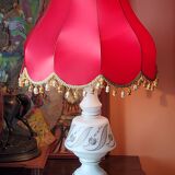 Vintage lamp of the 50s in white and golden opaline glass lampshade in red satin 75cm