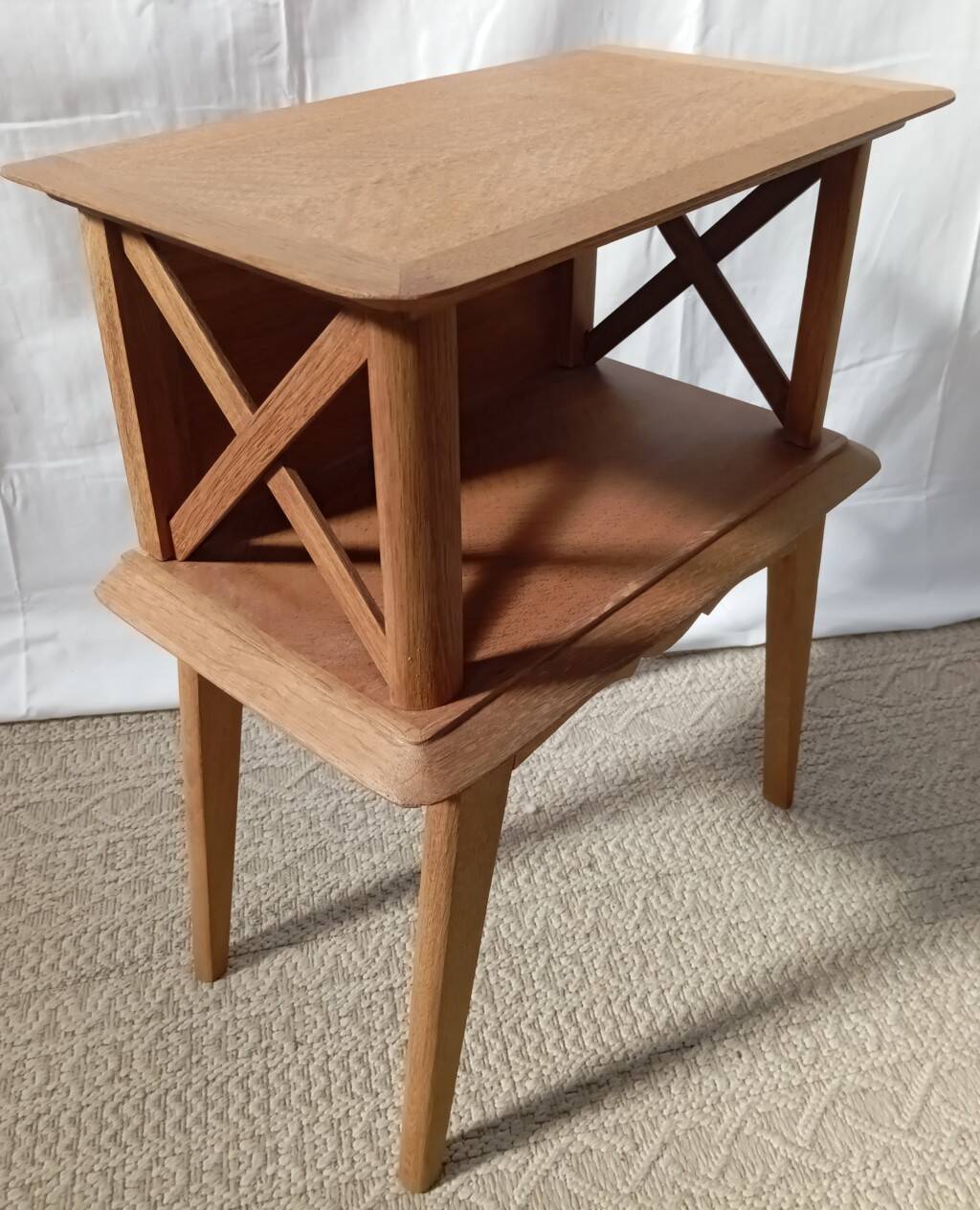 1950s oak bedside table with crossbars