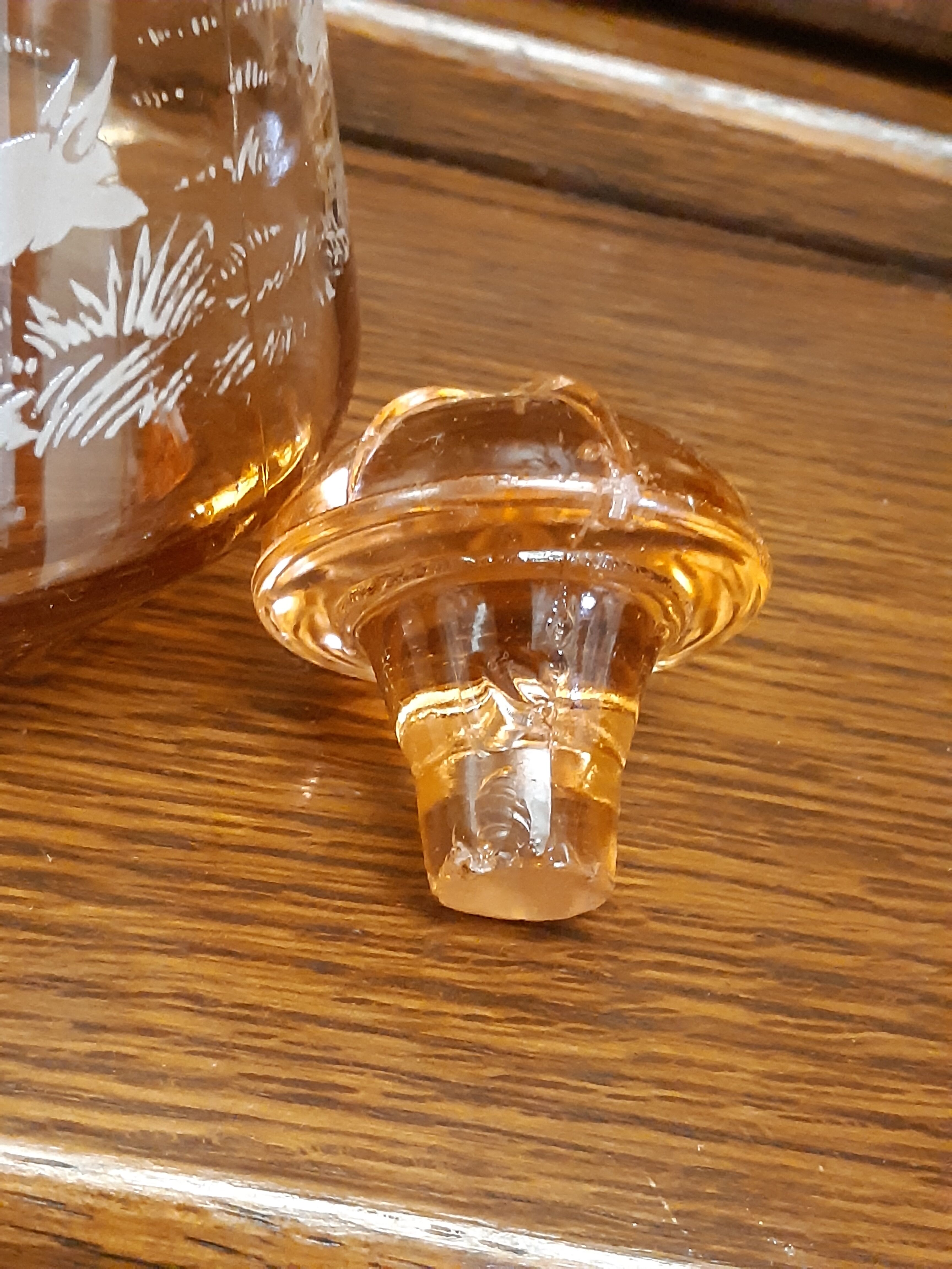 Moulded blown glass decanter with equestrian fox hunting décor, belle époque