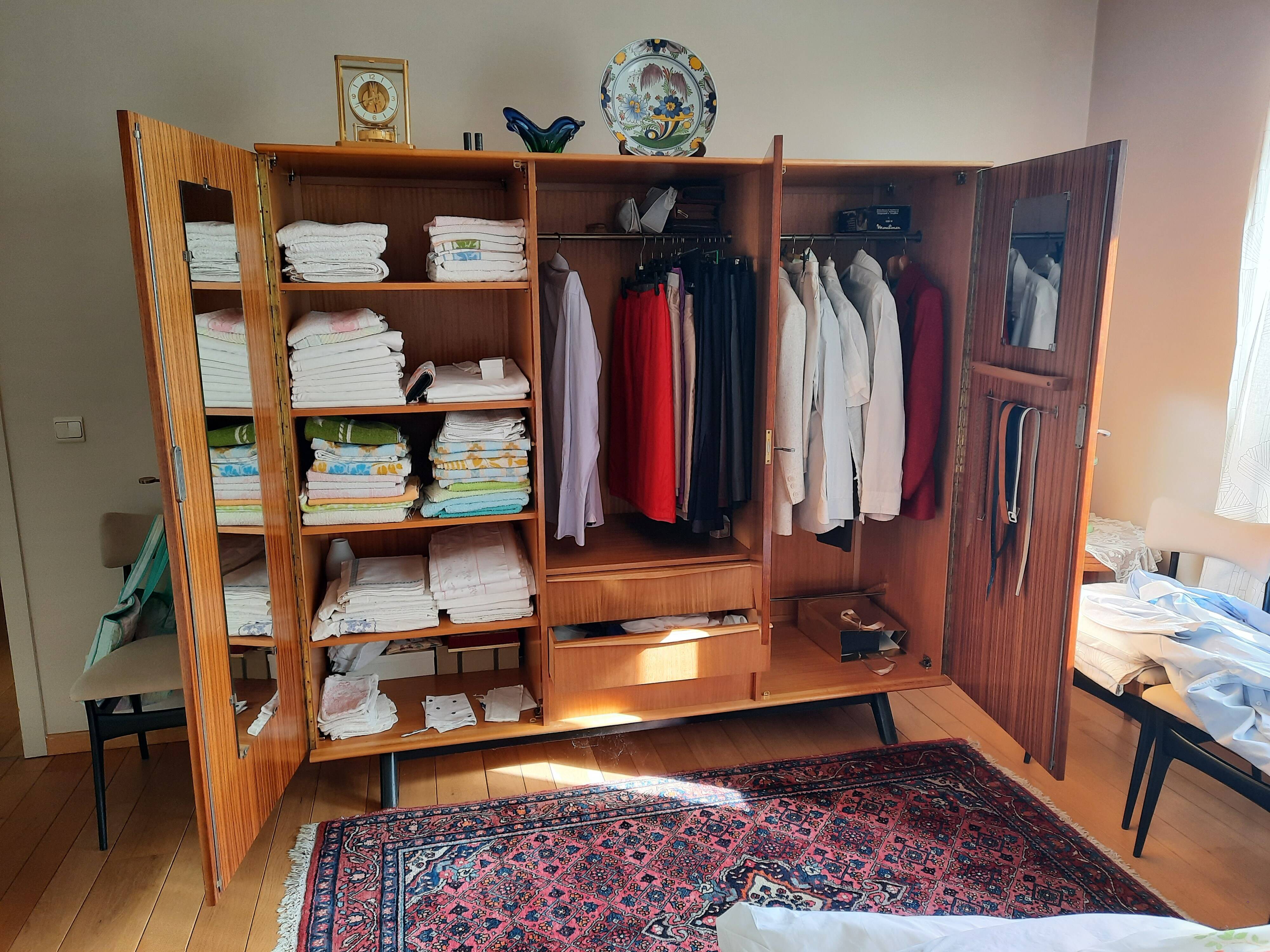 Vintage 50s polished wood wardrobe with mirror
