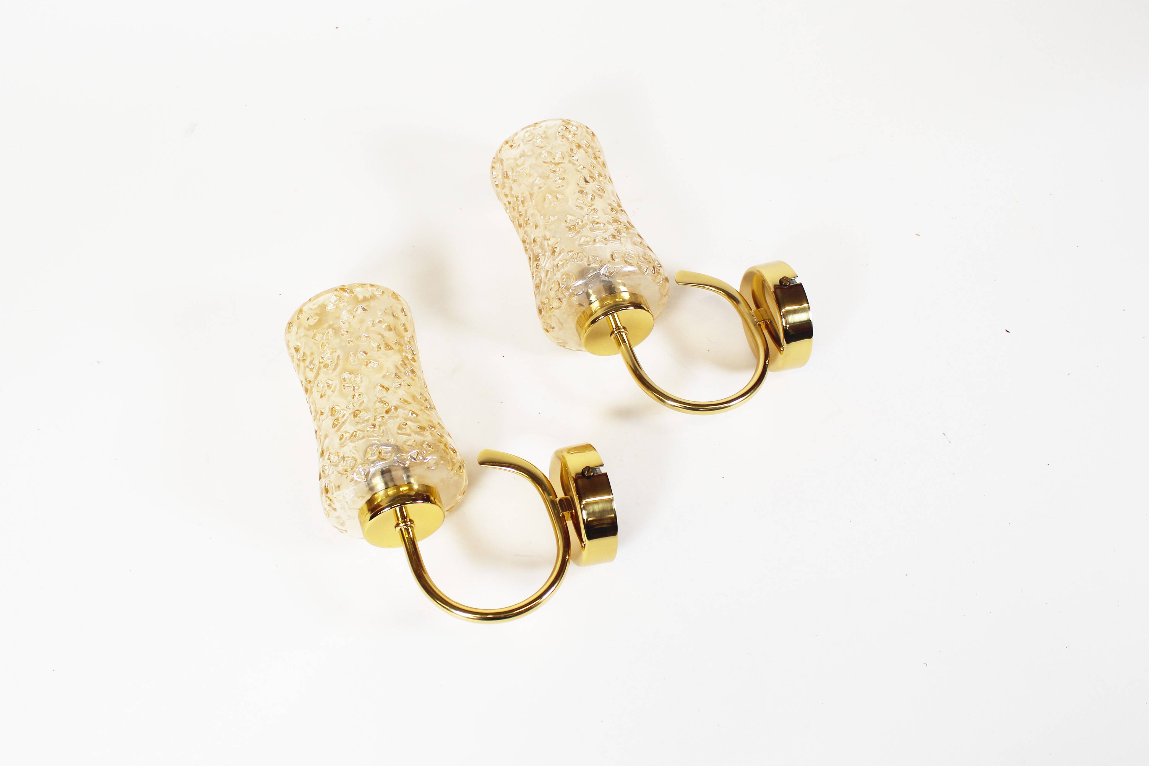 Set of two vintage brass and amber glass wall lamps by Wila Leuchten