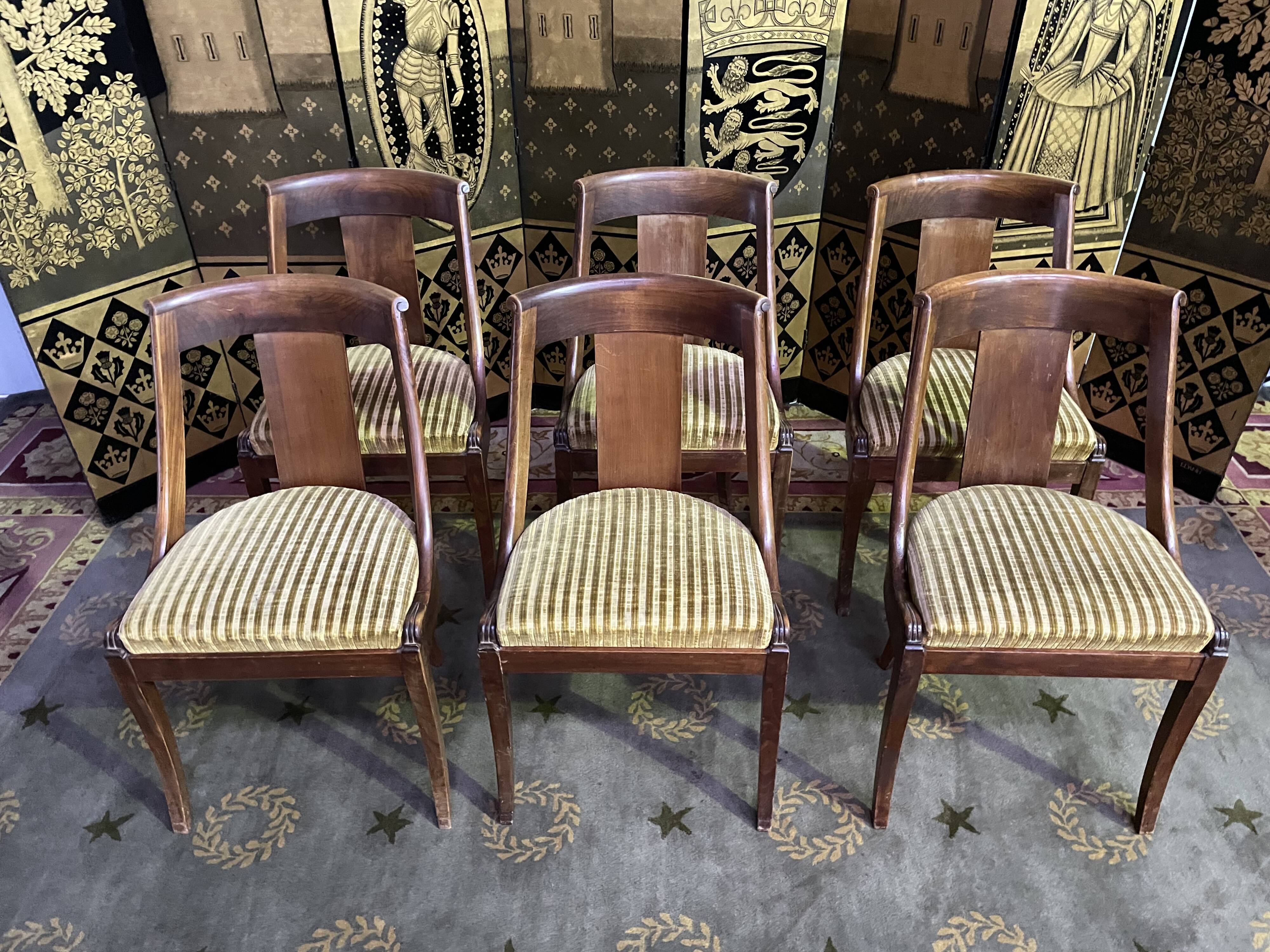 6 empire gondola chairs in mahogany and velvet