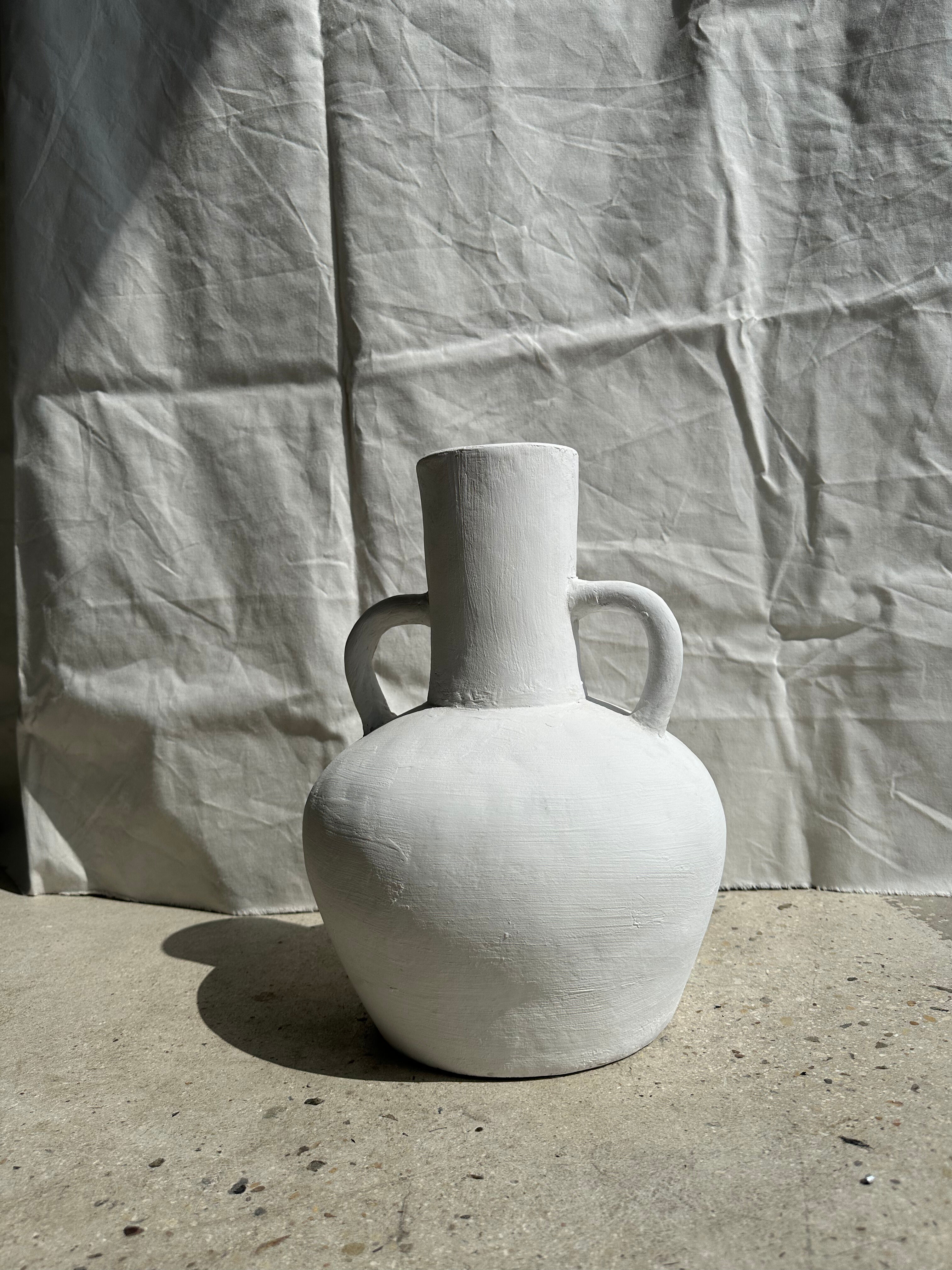 Handcrafted terracotta vase painted white with double handles h:40 d:30